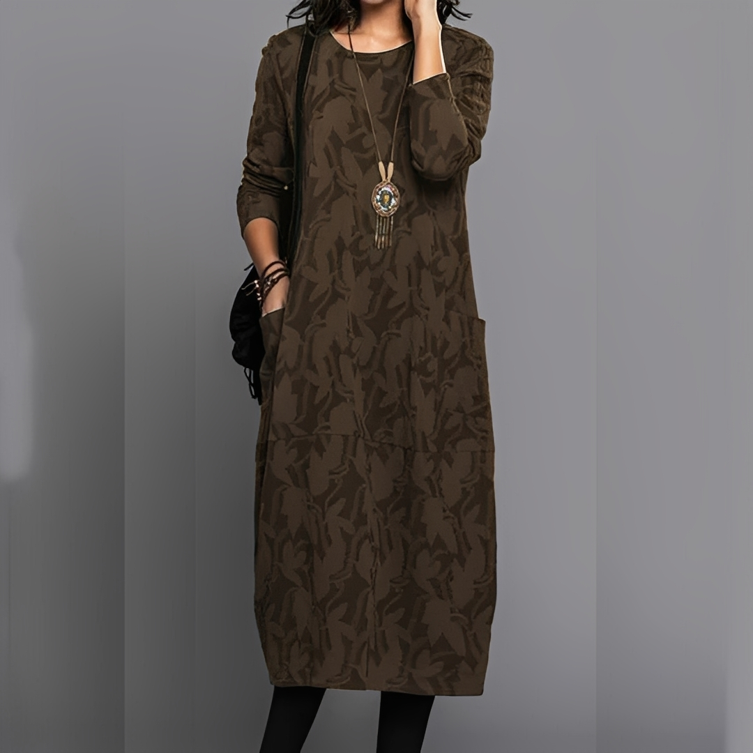 Vestido de inverno feminino casual gola redonda. Midi elegante para conforto na moda inverno.