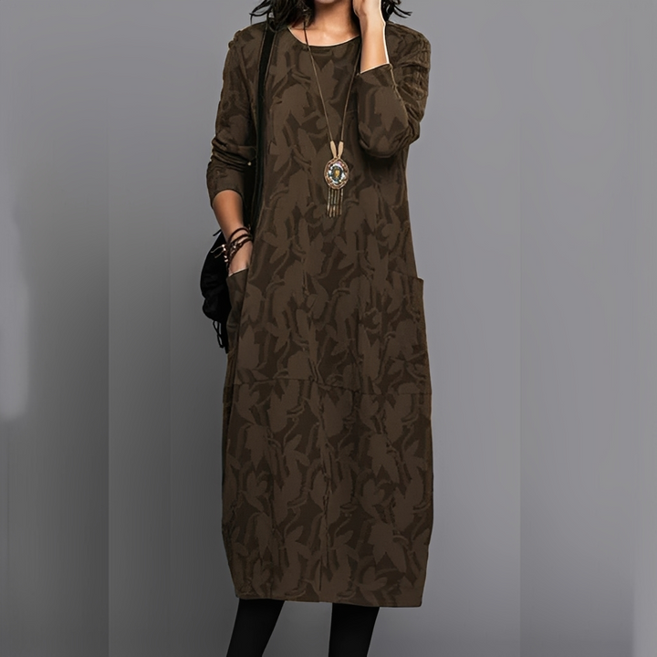 Vestido de inverno feminino casual gola redonda. Midi elegante para conforto na moda inverno.