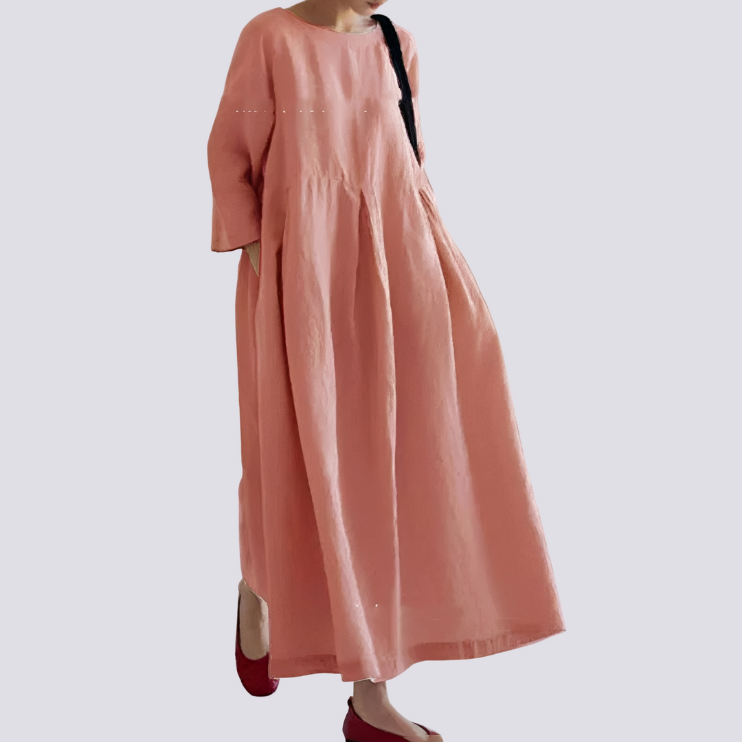 Vestido midi feminino solto com bolsos. Estilo casual e moderno para o verão. Roupa feminina confortável.