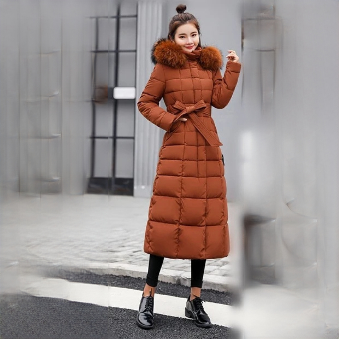 Casaco feminino cor champanhe, sobretudo quente e elegante para inverno, agasalho com conforto premium.