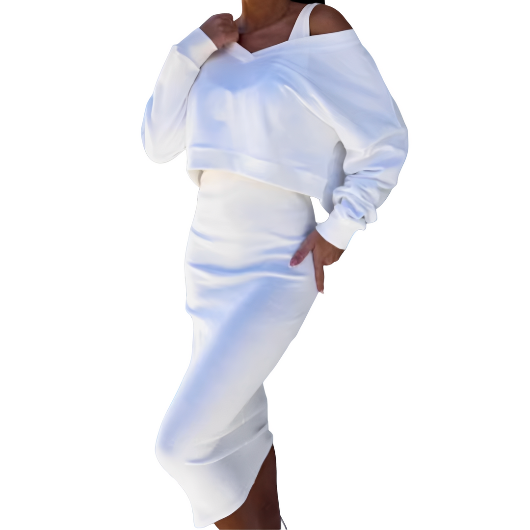 Roupa feminina elegante: conjunto blusa e saia Tianna, tendência para moda casual chic e dia a dia.