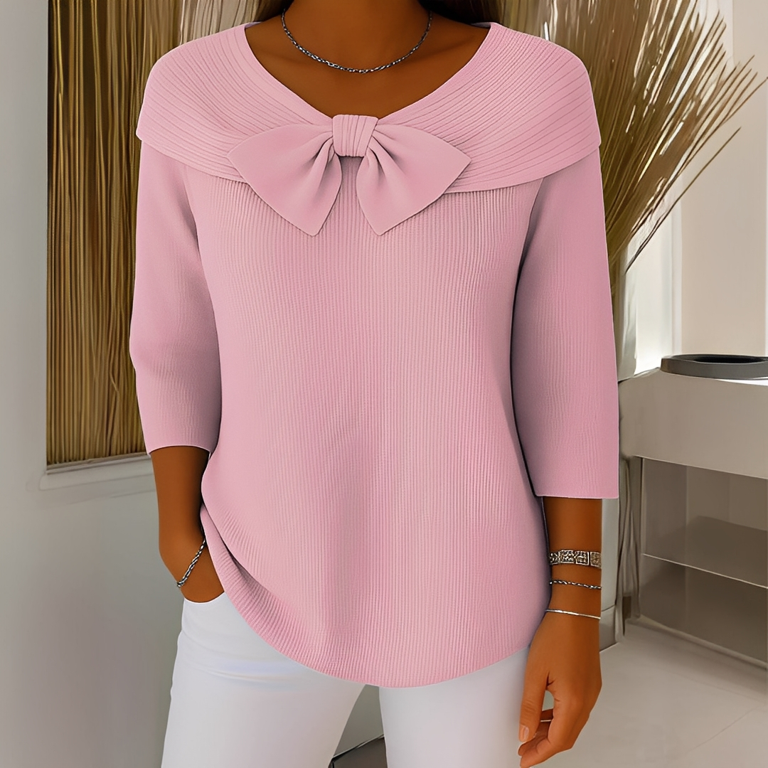 Pulôver feminino Anina com detalhe de laço, ideal para moda inverno. Suéter estiloso e confortável para mulheres.