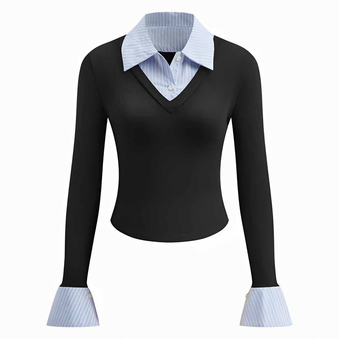 Vista frontal da camisa feminina de manga longa, um item essencial para moda versátil de outono inverno.