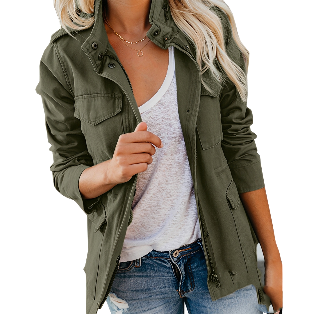 Jaqueta feminina Thilde verde, casual e confortável. Agasalho versátil para moda diária em outono/primavera.