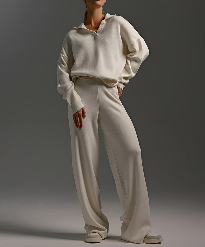 Conjunto feminino casual de suéter e calça larga. Ideal para conforto diário e estilo descontraído na primavera/outono.
