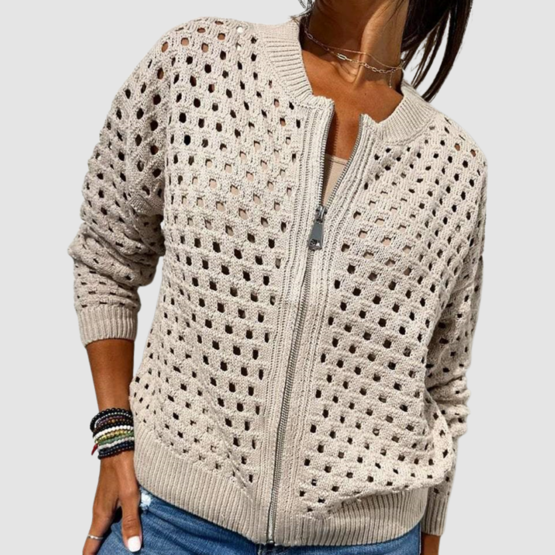 Cárdigan feminino Desiré elegante com zíper, ideal para outono e inverno.