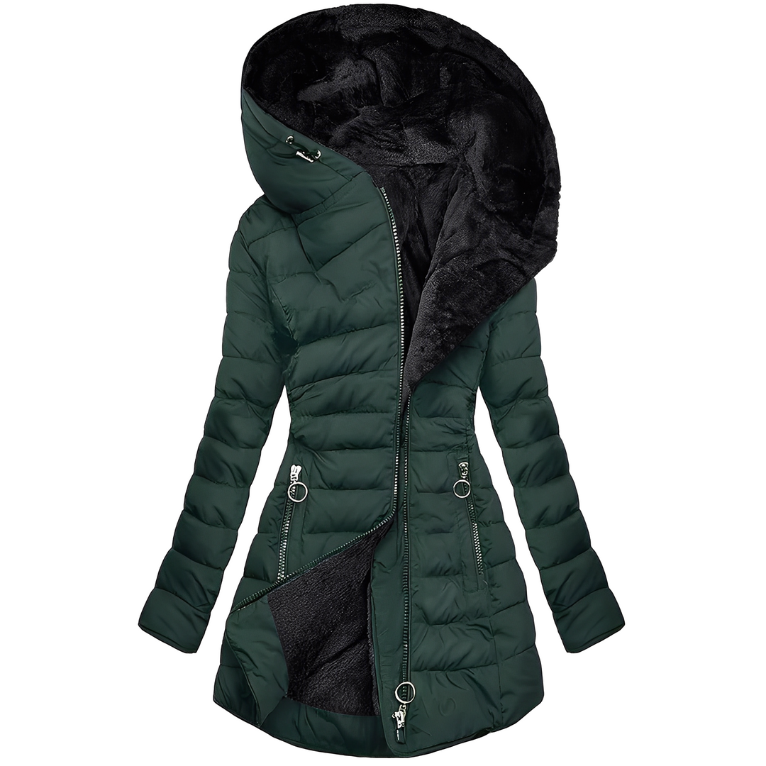 Casaco feminino de inverno quente e confortável com capuz, perfeito para proteção contra o frio.