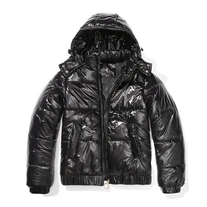 Jaqueta feminina tendência com capuz brilhante. Elegância e conforto para a moda de inverno.