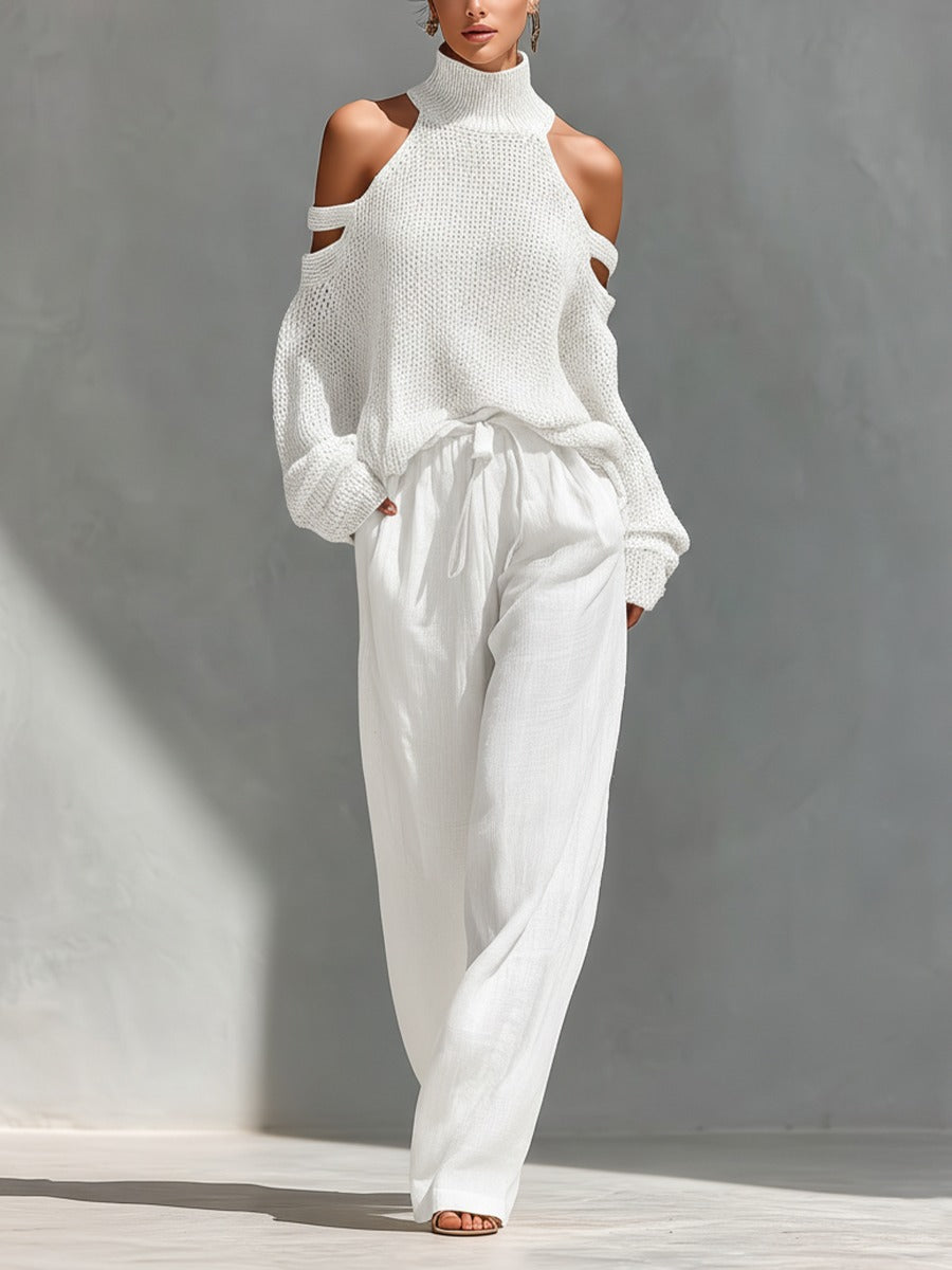 Conjunto feminino moderno com top e calças, estilo elegante e versátil para looks de verão e primavera.