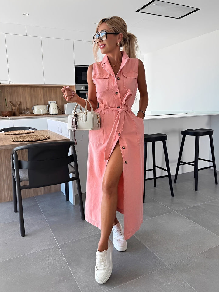 Vestido midi feminino elegante e casual, ideal para verão. Look versátil e confortável para o dia a dia.