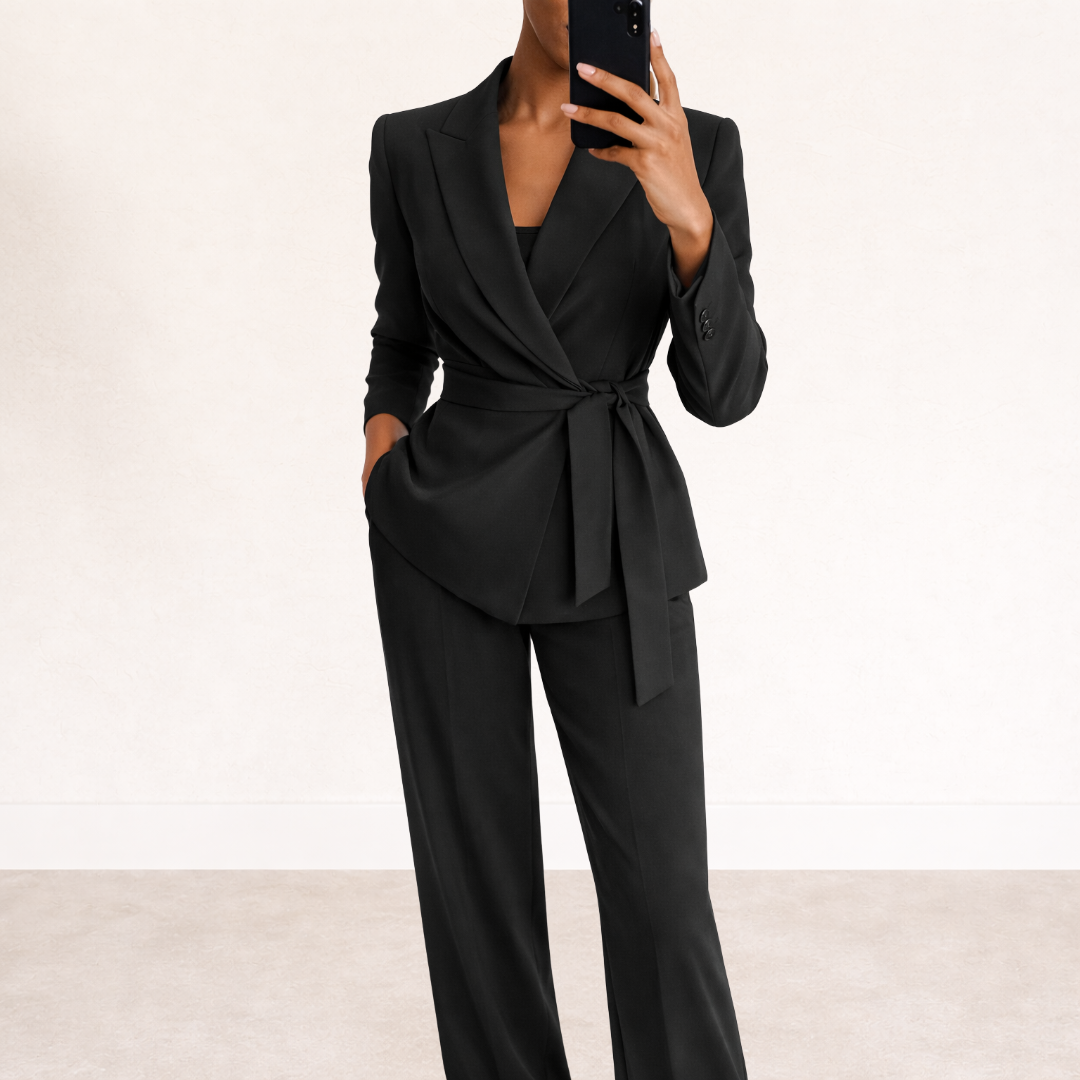 Fato feminino bege de duas peças. Blazer e calças largas para um look elegante e versátil, adequado para eventos formais e trabalho.