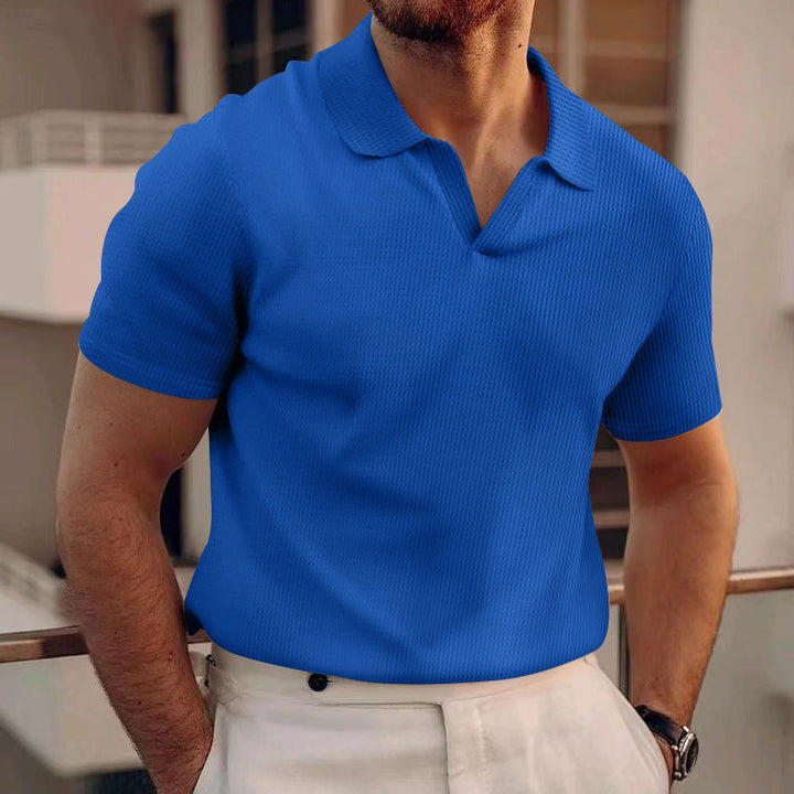 Camisa polo masculina texturizada waffle, roupa masculina básica e confortável.