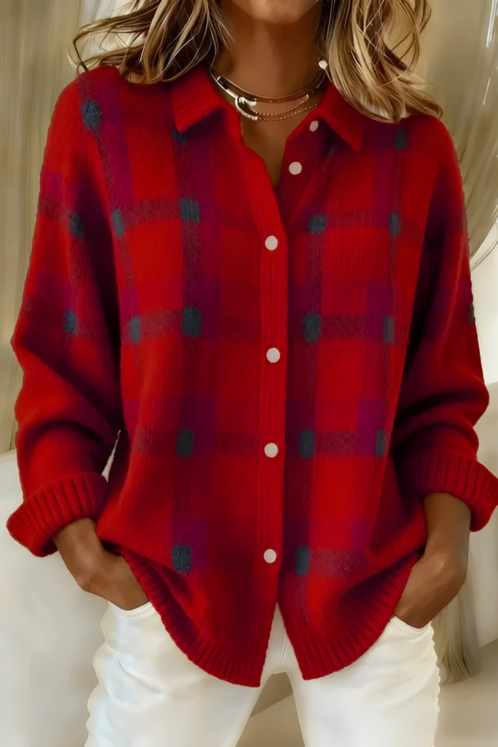 Cardigã xadrez feminino retro estiloso, perfeito para moda inverno e looks aconchegantes.