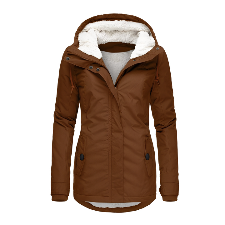 Agasalho feminino de inverno com capuz. Jaqueta quente e estilosa para manter o corpo aquecido no frio.