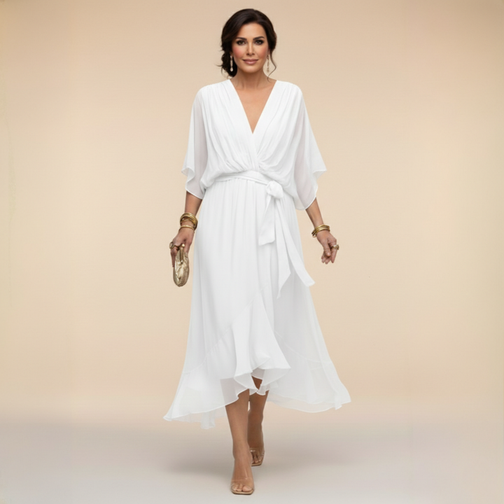 Vestido feminino estilo elegante, decote V, disponível em várias cores. Roupa versátil.
