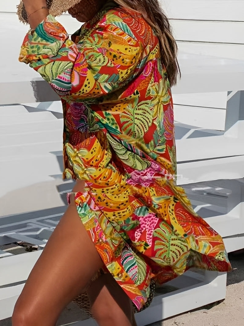 Vestido feminino laranja floral, modelo camisa midi. Confortável e leve, ideal para a moda primavera e verão.
