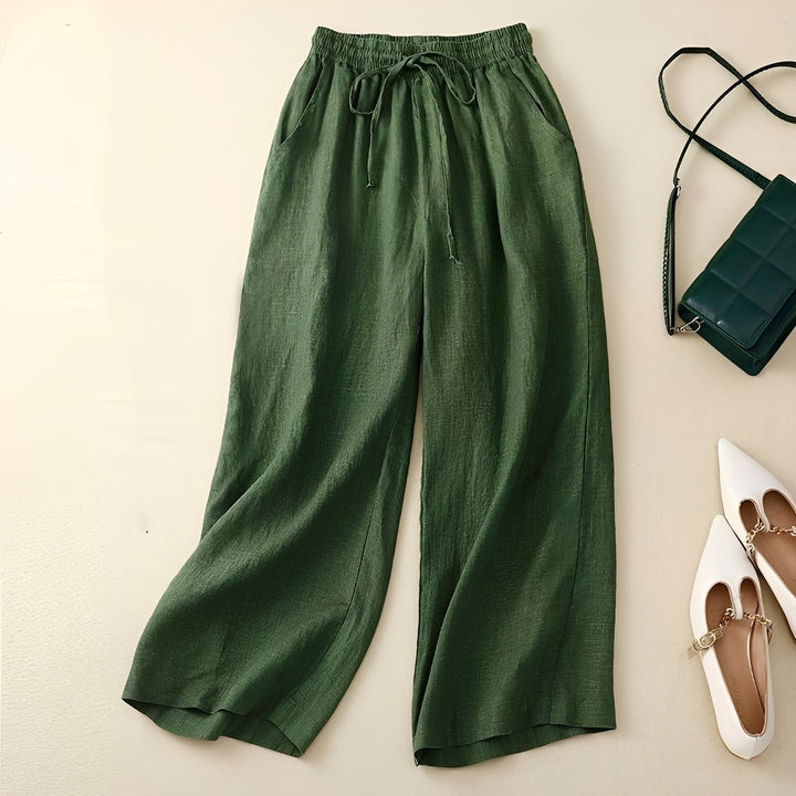 Calça feminina larga de verão, estilo descontraído, tendência para conforto casual na moda feminina.