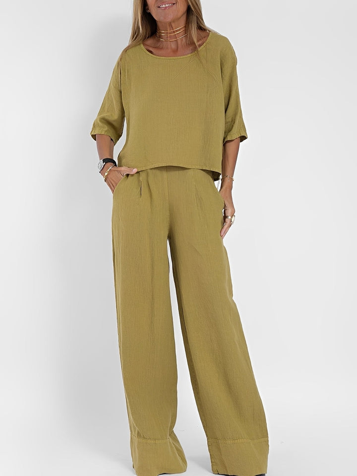 Conjunto feminino de verão estilo solto, roupa casual de duas peças, look coordenado para dias quentes.
