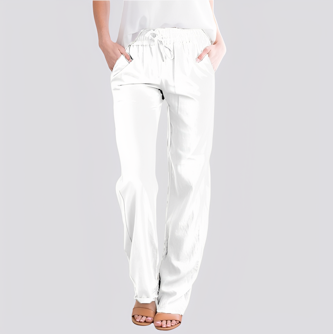 Roupa feminina básica: calça casual com cós elástico, versátil para verão e dia a dia.