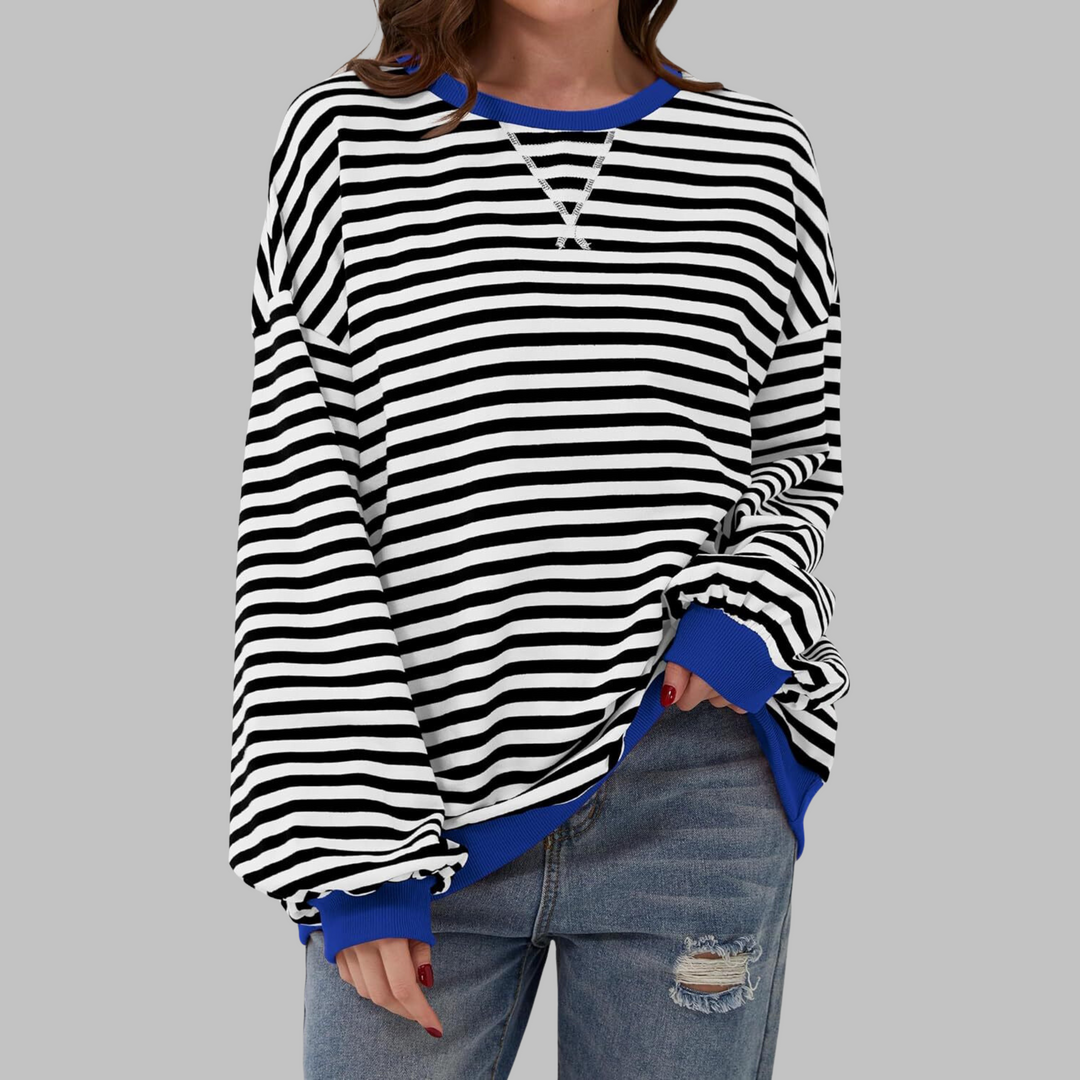 Suéter listrado feminino Malin em cores modernas, perfeito para um look casual e versátil.