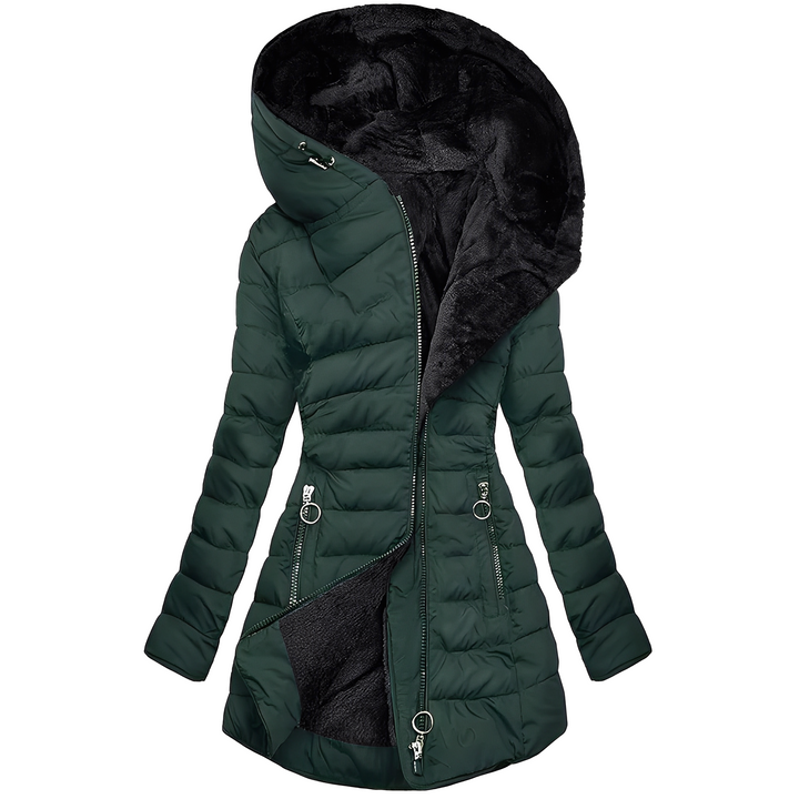 Casaco feminino de inverno com capuz, agasalho quente e confortável para o frio. Roupas femininas estilosas.