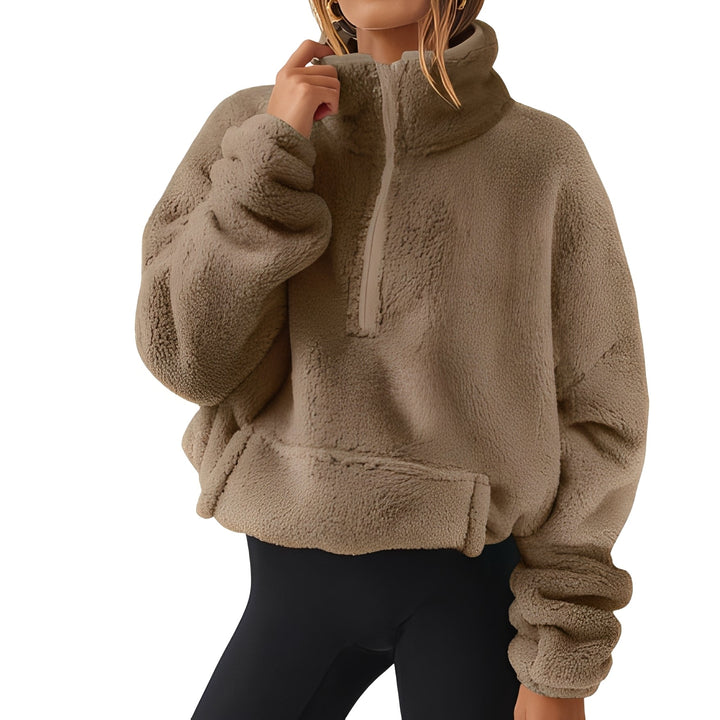 Suéter feminino aconchegante com meio fecho, roupa quente de inverno para conforto e elegância casual.