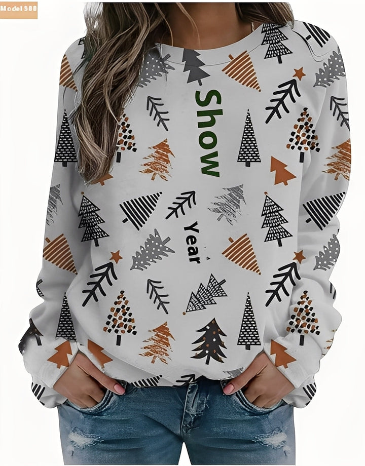 Roupa feminina casual de natal: suéter com estampa de rena, perfeito para festas e presentes de inverno.