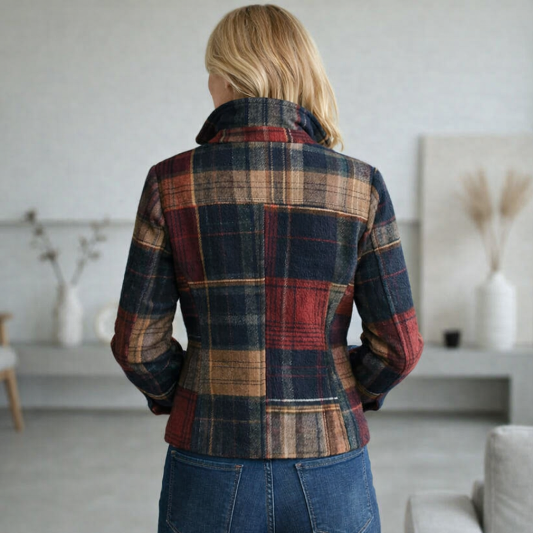 Casaco de mulher xadrez para primavera/outono. Roupa elegante e versátil com gola, ideal para entretempos.