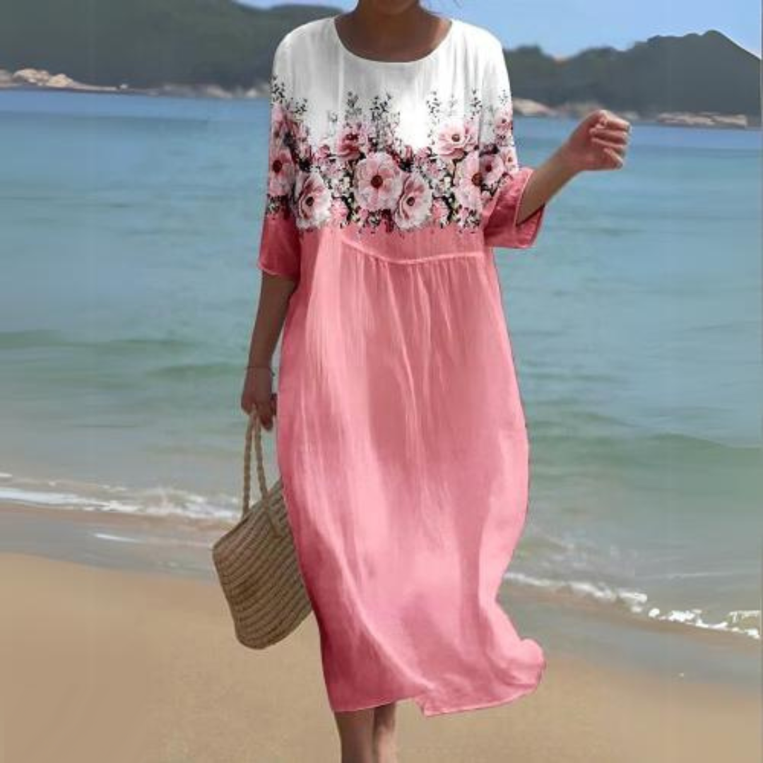 Vestido midi feminino casual e elegante. Roupa fluida e confortável para a mulher moderna. Versátil.