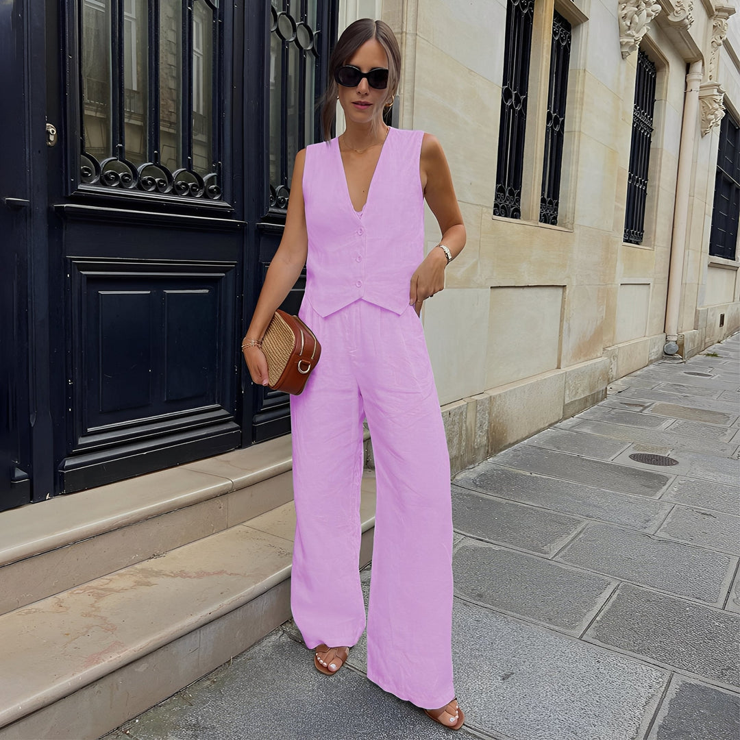 Look de moda feminina: conjunto casual de colete e calças, perfeito para o verão. Conforto e estilo para o dia a dia.