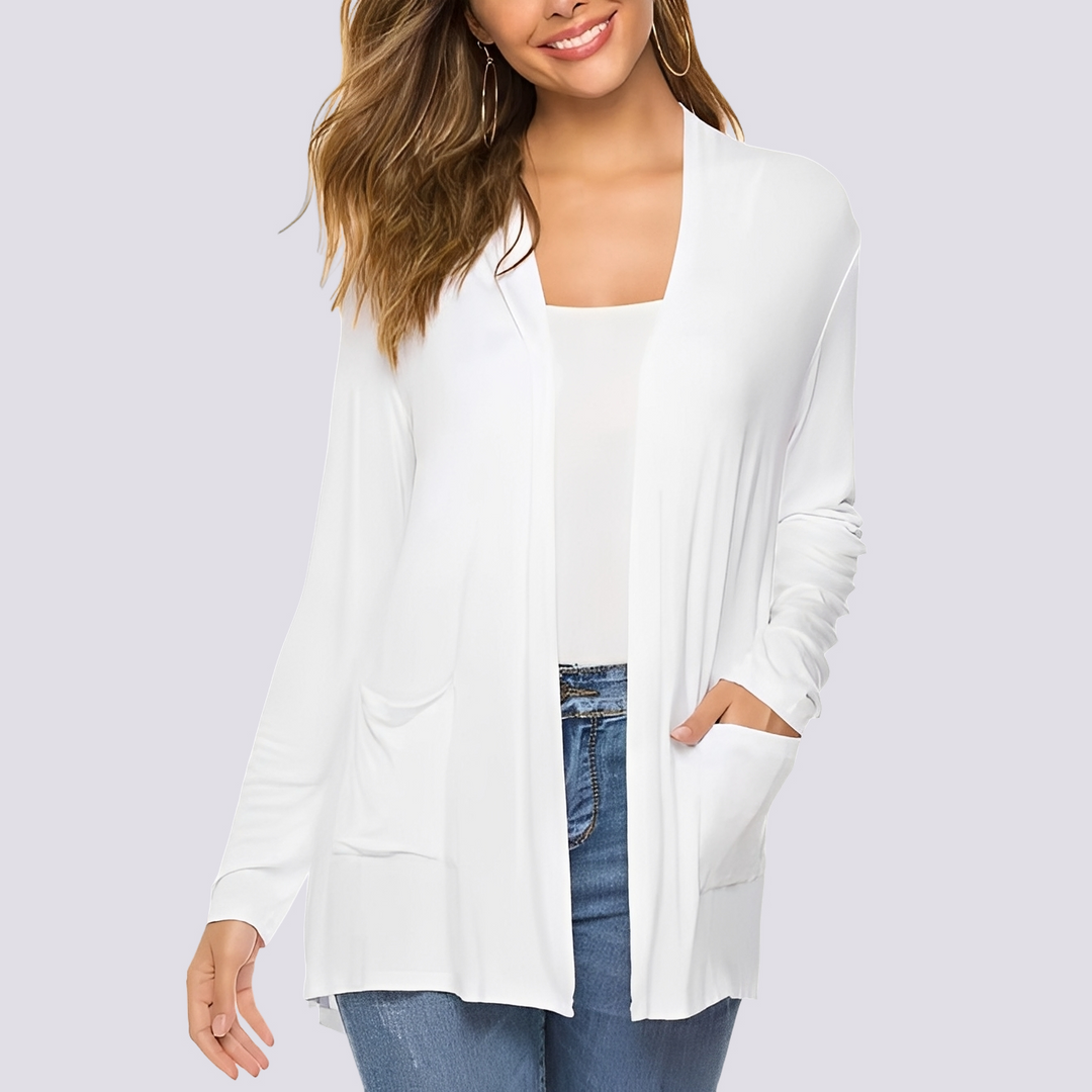 Casaco feminino casual de manga longa, essencial para primavera e outono. Peça versátil para criar looks diários.