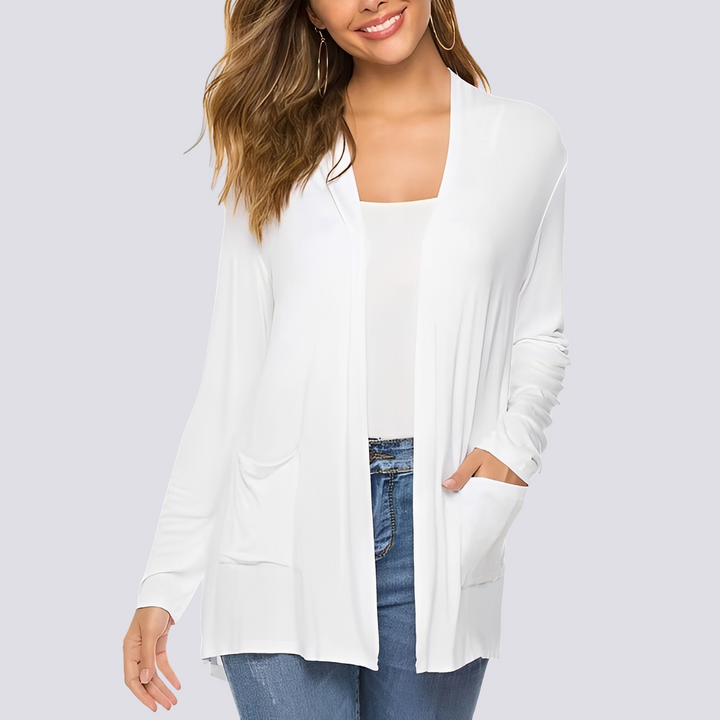 Casaco feminino casual de manga longa, essencial para primavera e outono. Peça versátil para criar looks diários.