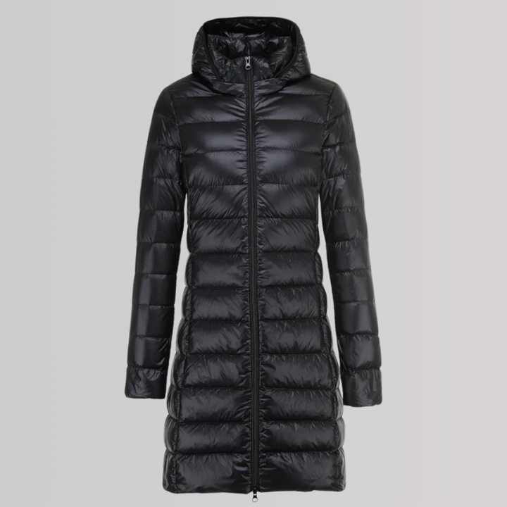 Casaco feminino casual chique, longo e ultraleve. Jaqueta moderna que proporciona elegância e máximo conforto.
