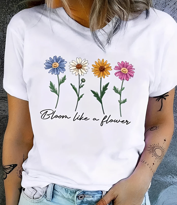Confortável camiseta feminina floral estampada. Blusa leve de verão, perfeita para um look casual e estiloso.