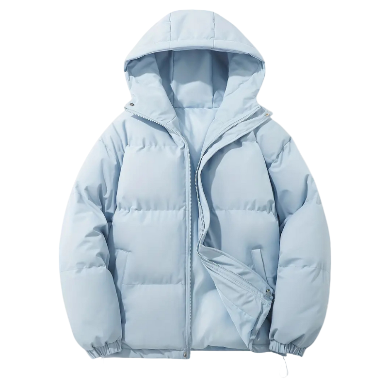 Homem caminhando com jaqueta puffer masculina Lennard. Agasalho de inverno, estilo urbano e moderno.