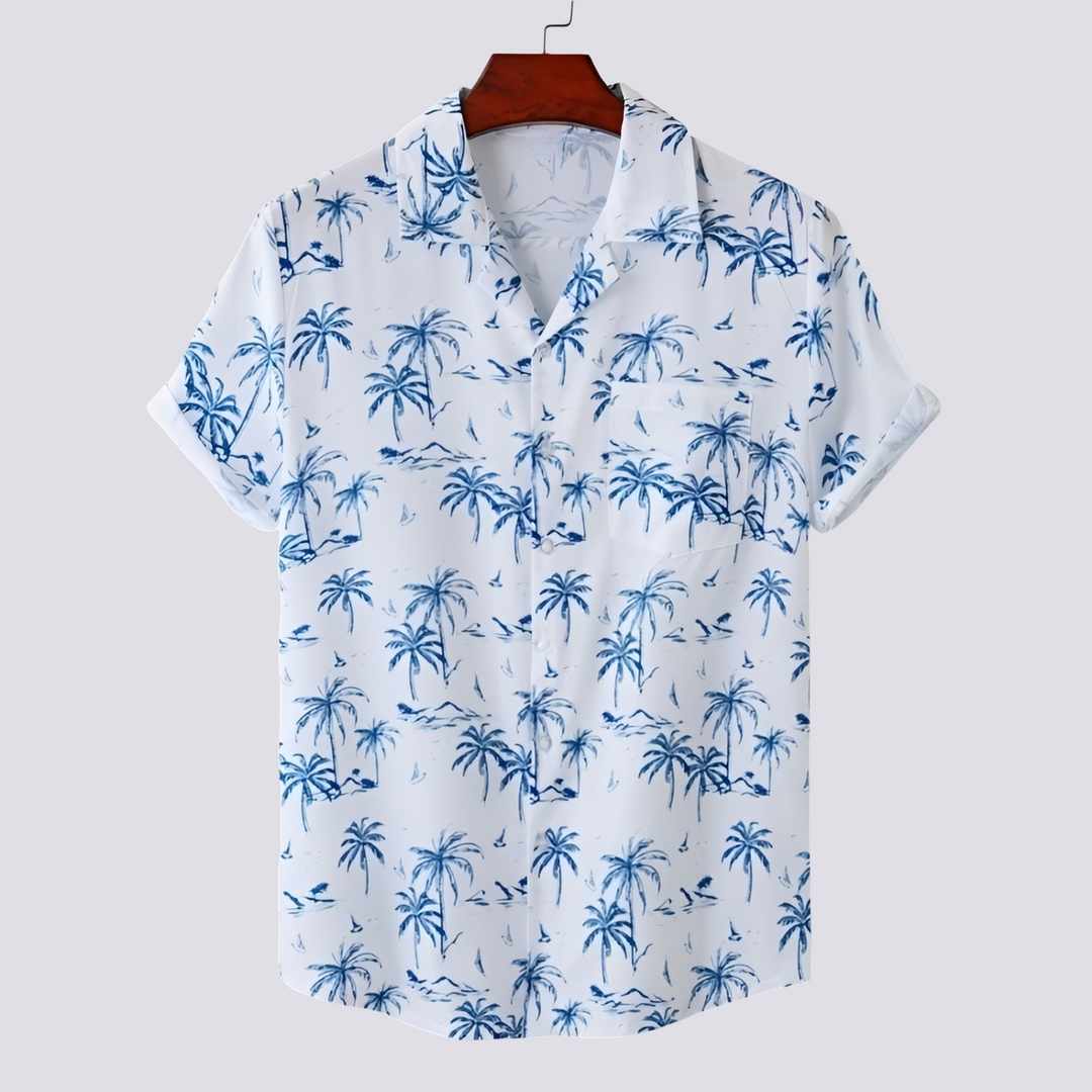 Camisa masculina havaiana estampada elegante, ideal para verão e moda casual tropical. Manga curta e confortável.