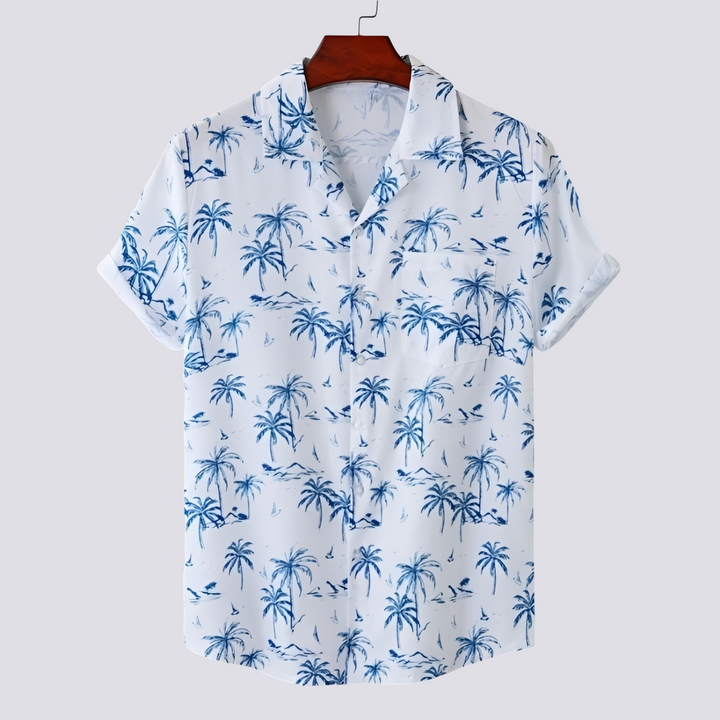 Camisa masculina havaiana estampada elegante, ideal para verão e moda casual tropical. Manga curta e confortável.