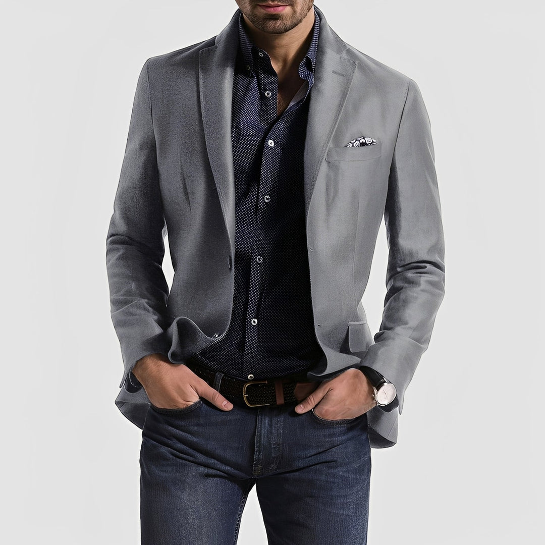 Blazer masculino elegante com botões, ideal para estilo formal e casual de negócios. Roupa social versátil.