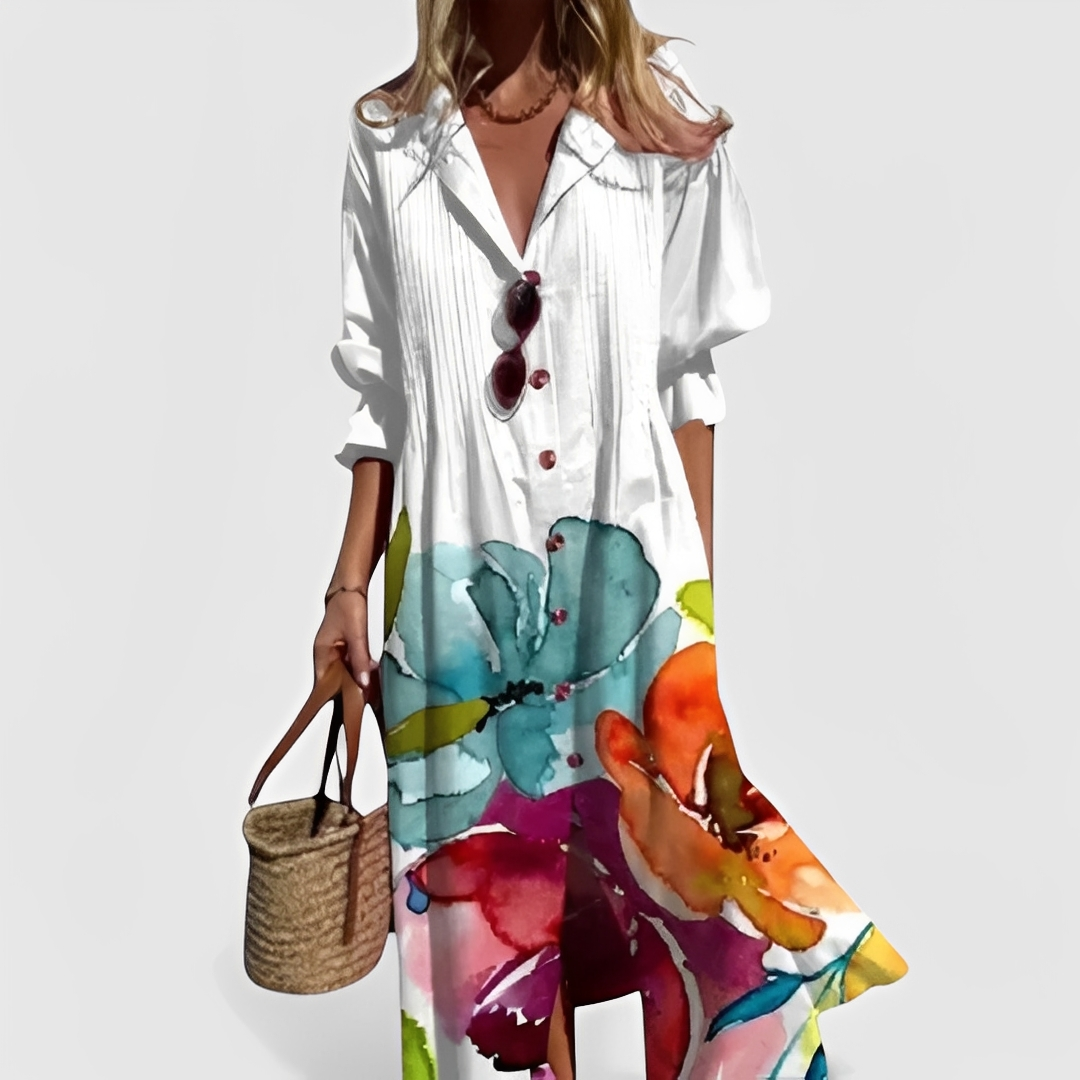 Vestido feminino midi floral elegante, estilo verão casual, com botões frontais.