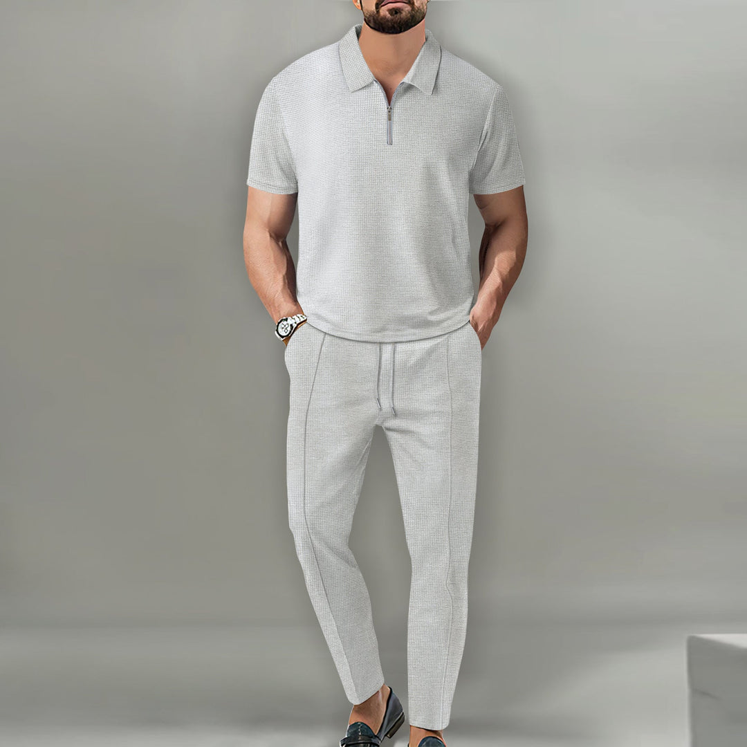 Conjunto masculino waffle elegante. Peça casual de verão para conforto e estilo moderno. Ideal para lazer e viagem.