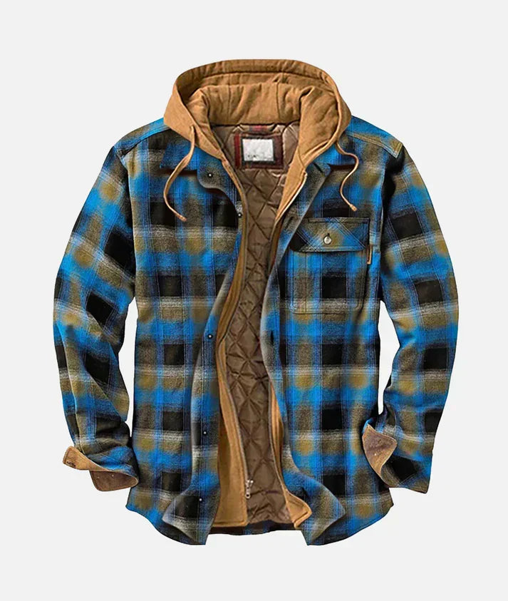 Casaco masculino de inverno xadrez patchwork. Moderno, confortável e estiloso, a peça essencial para o homem.