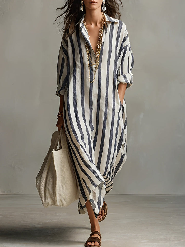 Vestido feminino elegante listrado, em linha A, versátil para looks casuais e de verão.