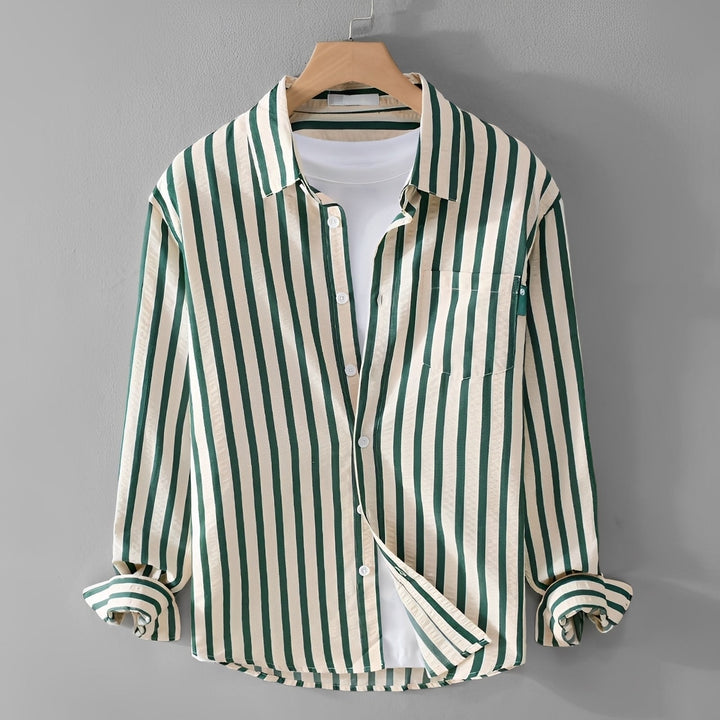 Camisa masculina listrada elegante de manga comprida, ideal para estilo smart casual, moda dia a dia. Cores verde, cáqui e preto.