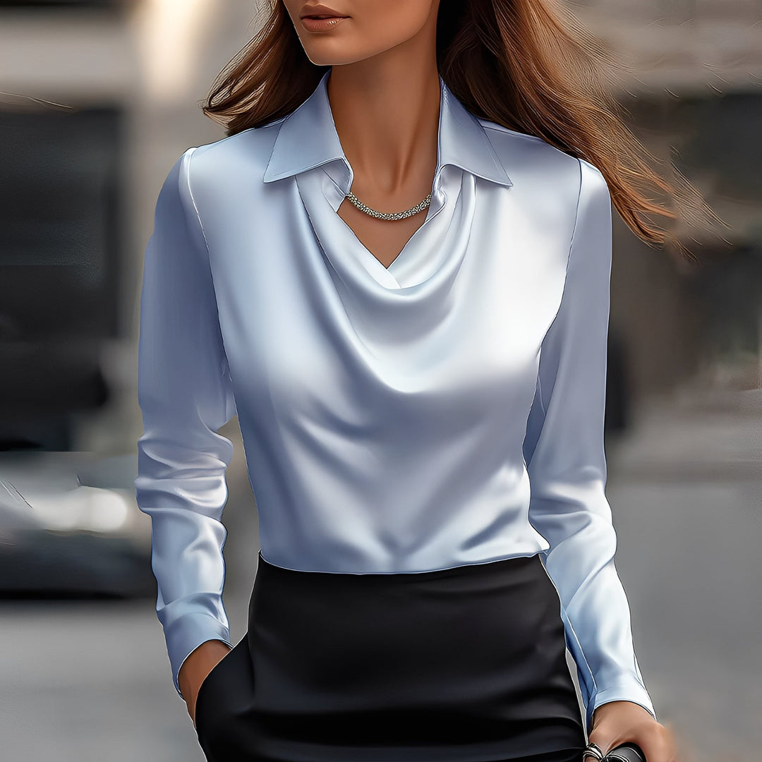 Blusa feminina para outono/inverno, manga longa, decote drapeado. Conforto e moda para a estação.