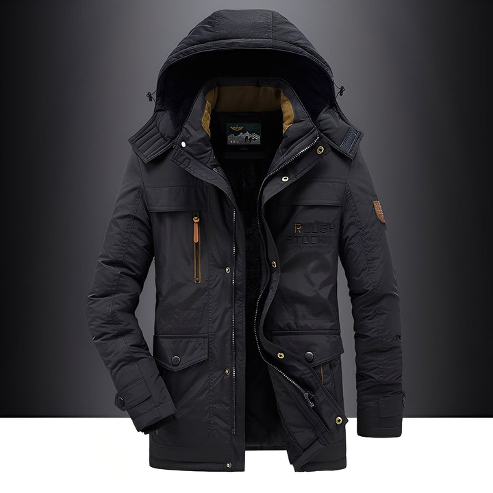 Casaco masculino para inverno, acolchoado e quente, com capuz ajustável. Agasalho essencial para o frio.