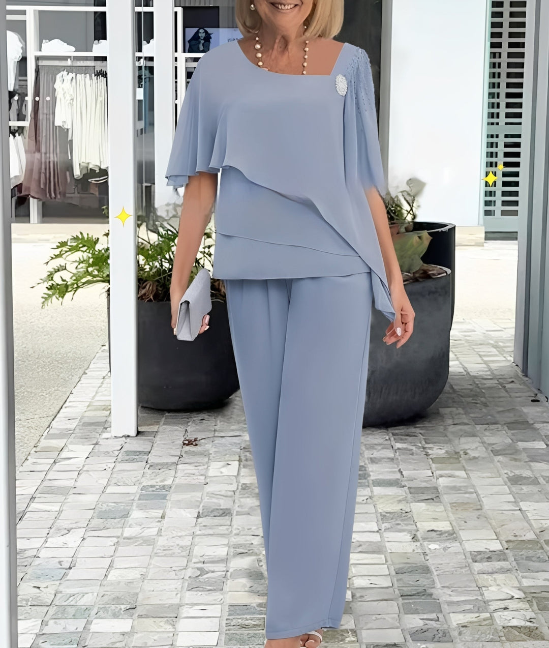Conjunto feminino elegante Leah azul de duas peças. Ideal para moda verão, oferece estilo casual e conforto.