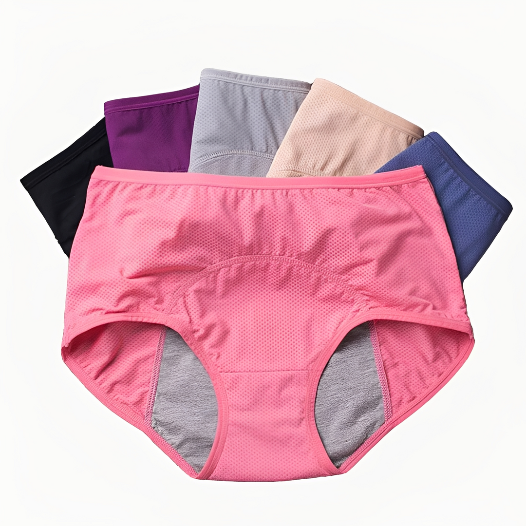 Calcinha feminina cintura alta anti-vazamento rosa. Conforto e proteção reutilizável para menstruação e incontinência.