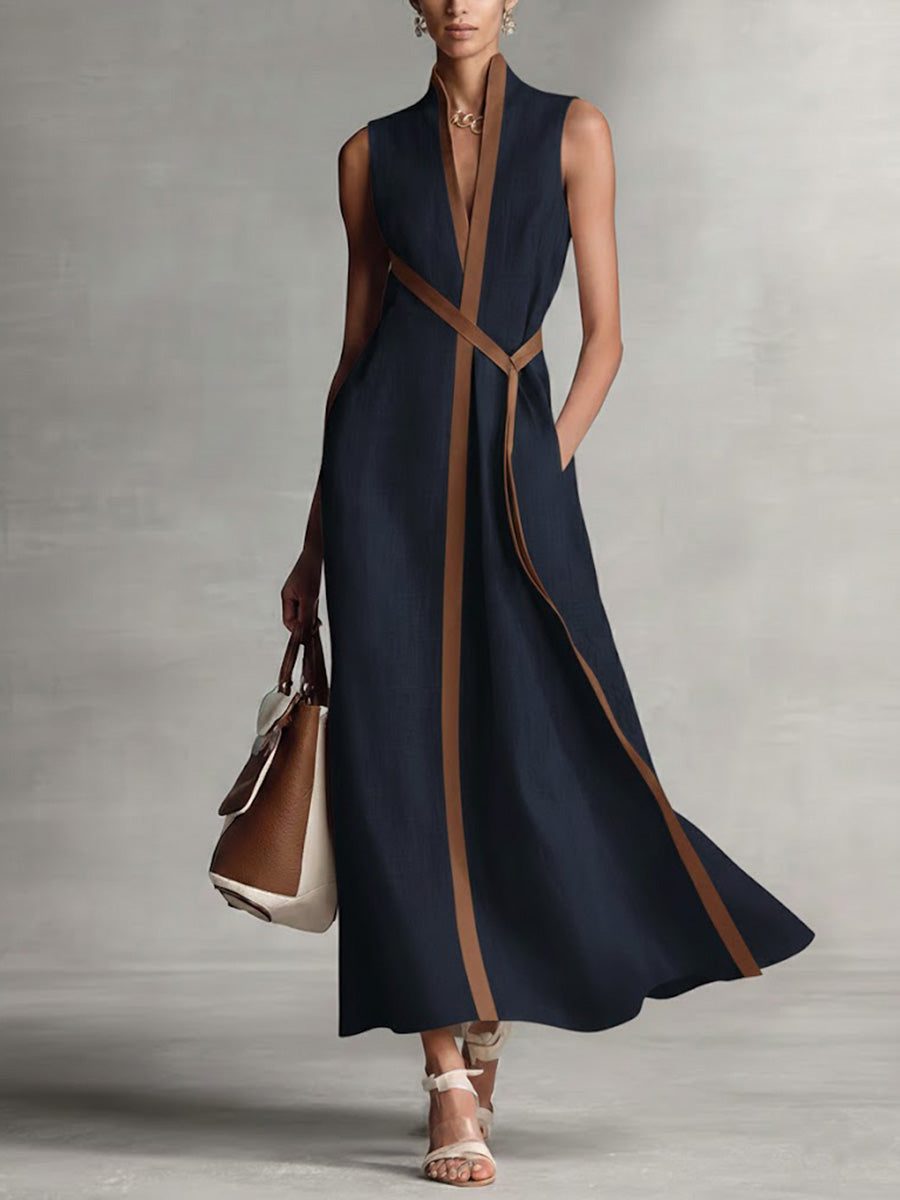 Vestido feminino Elira, estilo verão descontraído, sem mangas, com colarinho mandarim. Confortável e leve.