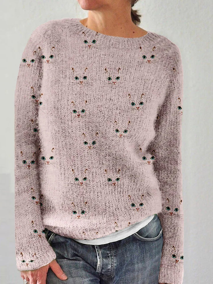 Camisola feminina aconchegante com estampa de gato fofo, gola redonda, perfeita para outono/inverno.