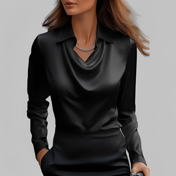 Blusa feminina Scarlett, top elegante de manga longa, ideal para estilo versátil e roupa social.